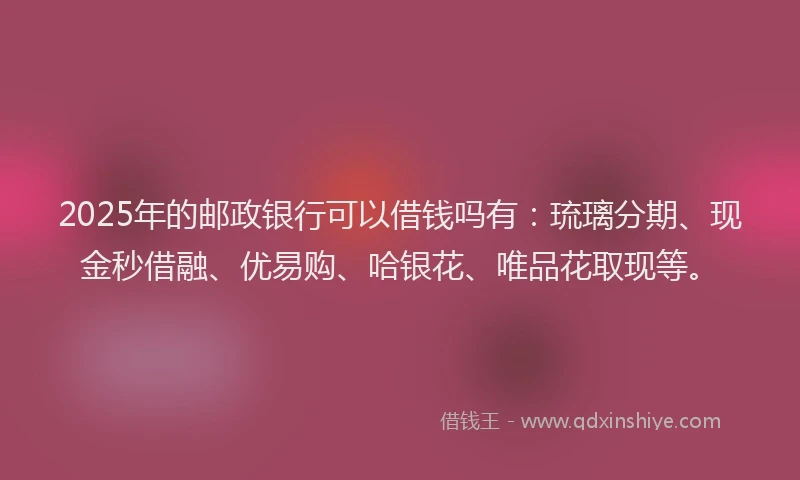 2025年的邮政银行可以借钱吗有：琉璃分期、现金秒借融、优易购、哈银花、唯品花取现等。