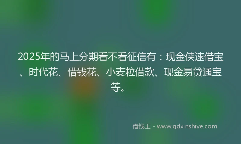 2025年的马上分期看不看征信有：现金侠速借宝、时代花、借钱花、小麦粒借款、现金易贷通宝等。
