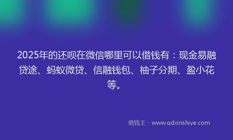 2025年的还呗在微信哪里可以借钱有：现金易融贷途、蚂蚁微贷、信融钱包、柚子分期、盈小花等。