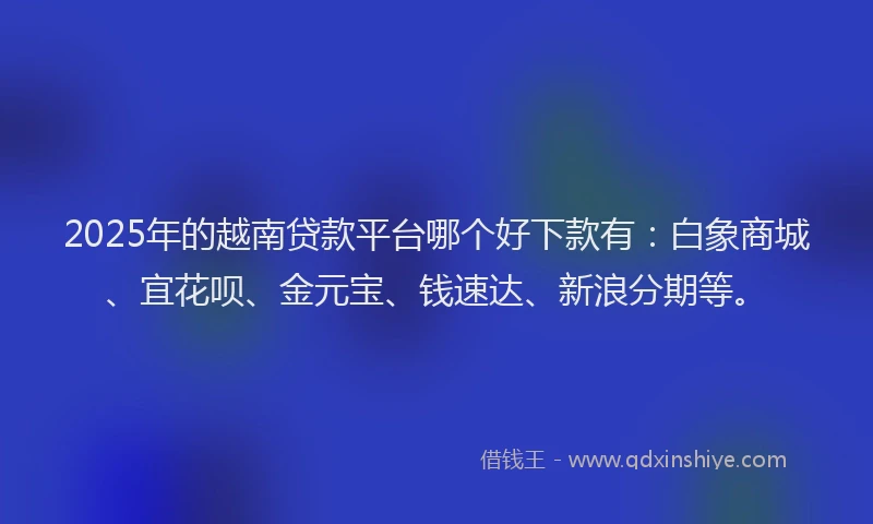 2025年的越南贷款平台哪个好下款有：白象商城、宜花呗、金元宝、钱速达、新浪分期等。