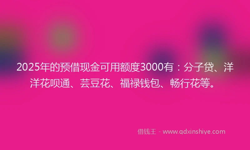 2025年的预借现金可用额度3000有：分子贷、洋洋花呗通、芸豆花、福禄钱包、畅行花等。