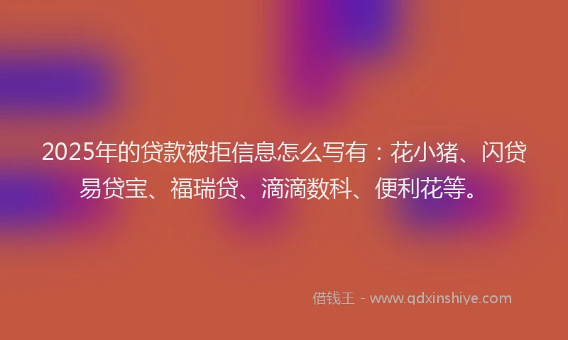 2025年的贷款被拒信息怎么写有：花小猪、闪贷易贷宝、福瑞贷、滴滴数科、便利花等。