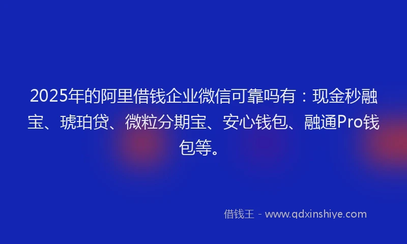 2025年的阿里借钱企业微信可靠吗有：现金秒融宝、琥珀贷、微粒分期宝、安心钱包、融通Pro钱包等。