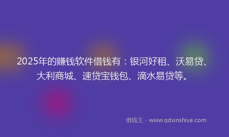 2025年的赚钱软件借钱有：银河好租、沃易贷、大利商城、速贷宝钱包、滴水易贷等。