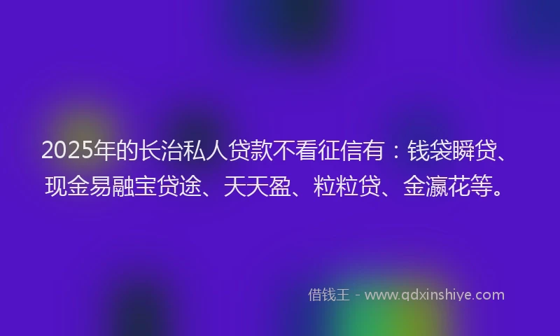 2025年的长治私人贷款不看征信有：钱袋瞬贷、现金易融宝贷途、天天盈、粒粒贷、金瀛花等。