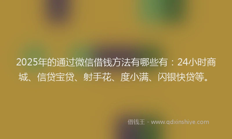 2025年的通过微信借钱方法有哪些有：24小时商城、信贷宝贷、射手花、度小满、闪银快贷等。