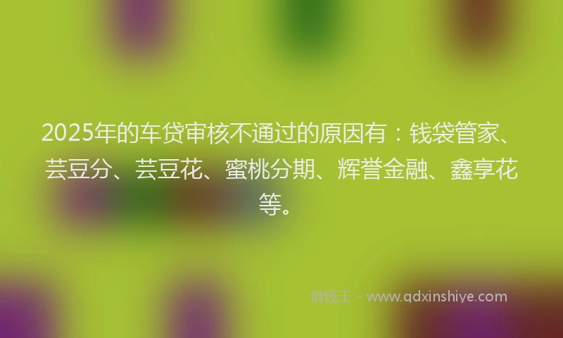 2025年的车贷审核不通过的原因有：钱袋管家、芸豆分、芸豆花、蜜桃分期、辉誉金融、鑫享花等。