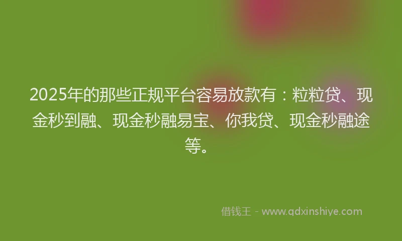 2025年的那些正规平台容易放款有：粒粒贷、现金秒到融、现金秒融易宝、你我贷、现金秒融途等。