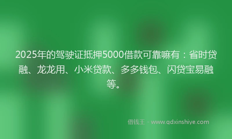 2025年的驾驶证抵押5000借款可靠嘛有：省时贷融、龙龙用、小米贷款、多多钱包、闪贷宝易融等。
