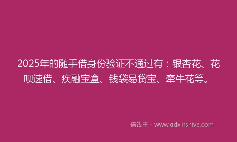 2025年的随手借身份验证不通过有：银杏花、花呗速借、疾融宝盒、钱袋易贷宝、牵牛花等。