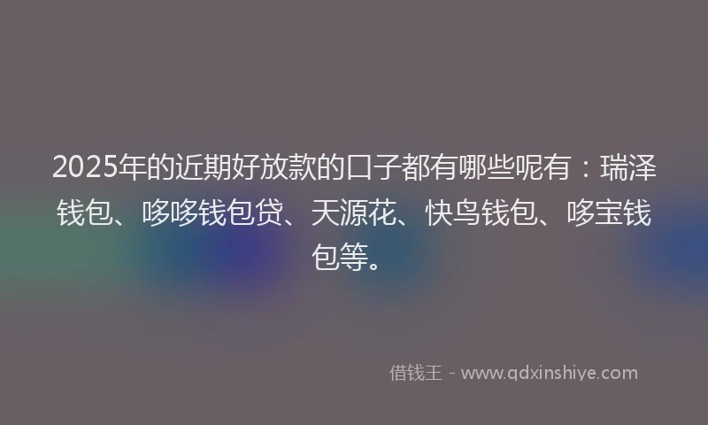 2025年的近期好放款的口子都有哪些呢有：瑞泽钱包、哆哆钱包贷、天源花、快鸟钱包、哆宝钱包等。