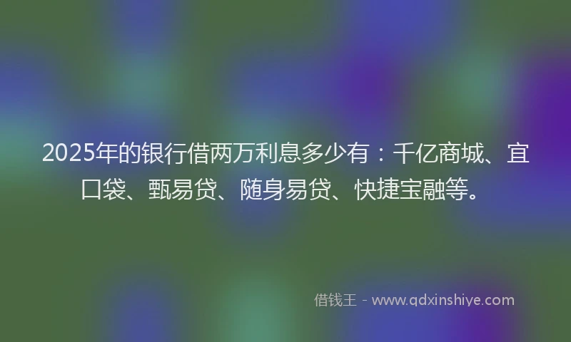 2025年的银行借两万利息多少有：千亿商城、宜口袋、甄易贷、随身易贷、快捷宝融等。