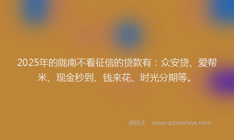 2025年的陇南不看征信的贷款有：众安贷、爱帮米、现金秒到、钱来花、时光分期等。
