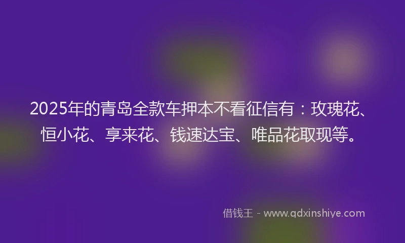 2025年的青岛全款车押本不看征信有：玫瑰花、恒小花、享来花、钱速达宝、唯品花取现等。