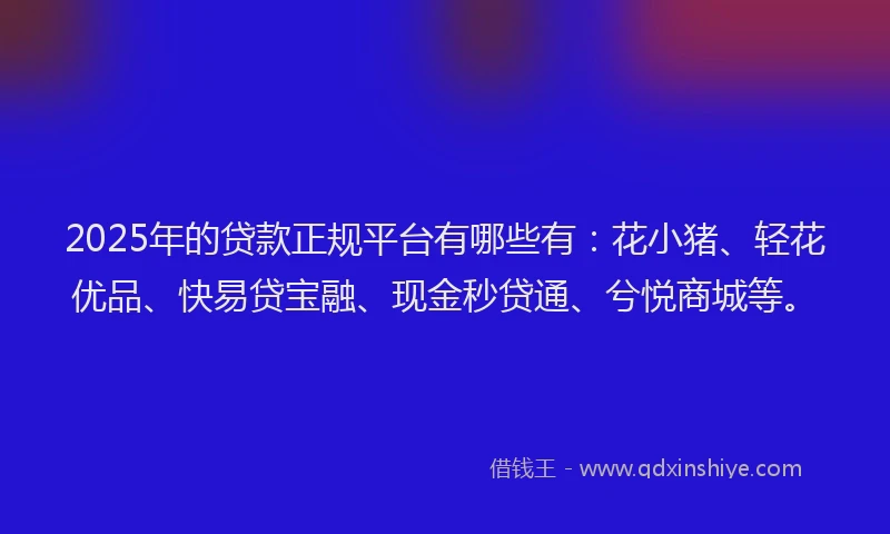 2025年的贷款正规平台有哪些有：花小猪、轻花优品、快易贷宝融、现金秒贷通、兮悦商城等。