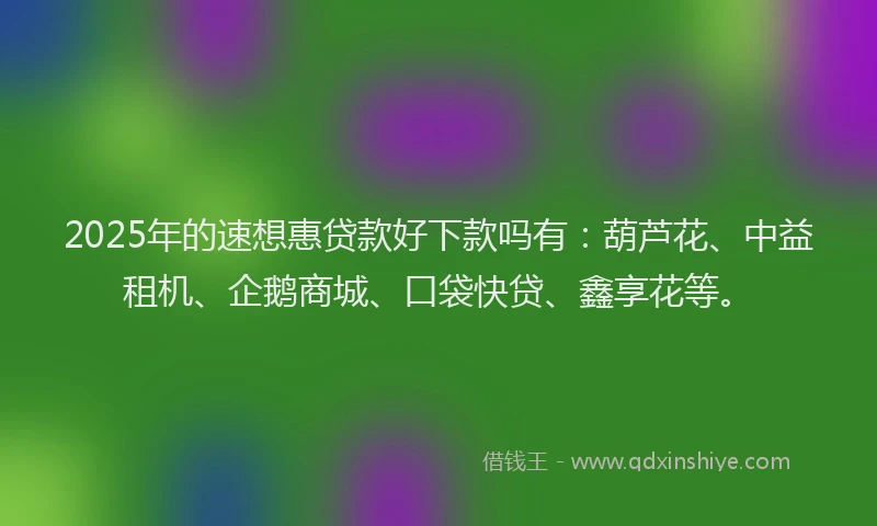 2025年的速想惠贷款好下款吗有：葫芦花、中益租机、企鹅商城、口袋快贷、鑫享花等。