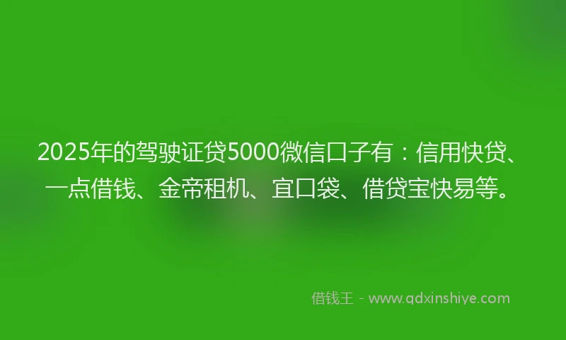 2025年的驾驶证贷5000微信口子有：信用快贷、一点借钱、金帝租机、宜口袋、借贷宝快易等。