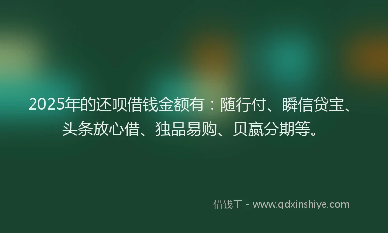 2025年的还呗借钱金额有：随行付、瞬信贷宝、头条放心借、独品易购、贝赢分期等。