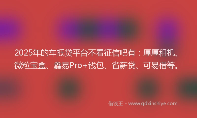 2025年的车抵贷平台不看征信吧有：厚厚租机、微粒宝盒、鑫易Pro+钱包、省薪贷、可易借等。