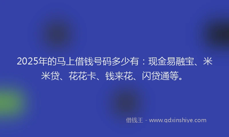 2025年的马上借钱号码多少有：现金易融宝、米米贷、花花卡、钱来花、闪贷通等。