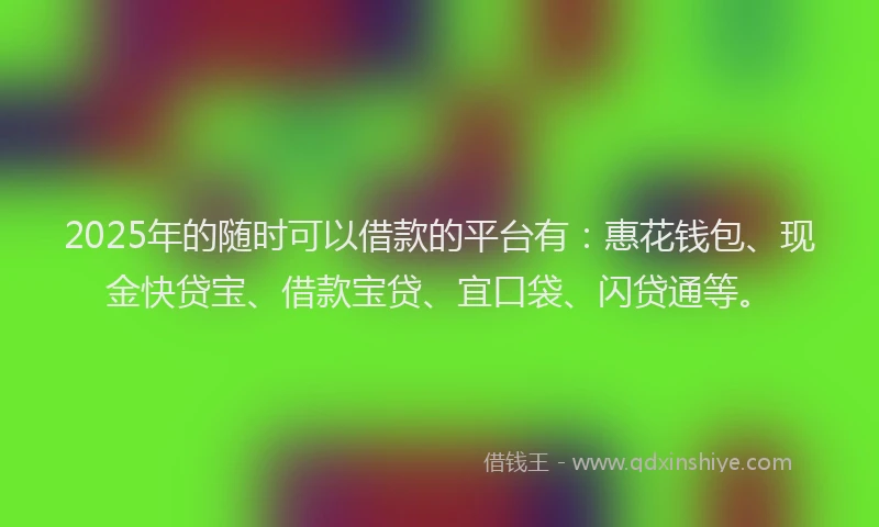 2025年的随时可以借款的平台有：惠花钱包、现金快贷宝、借款宝贷、宜口袋、闪贷通等。