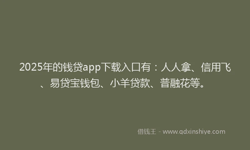2025年的钱贷app下载入口有：人人拿、信用飞、易贷宝钱包、小羊贷款、普融花等。