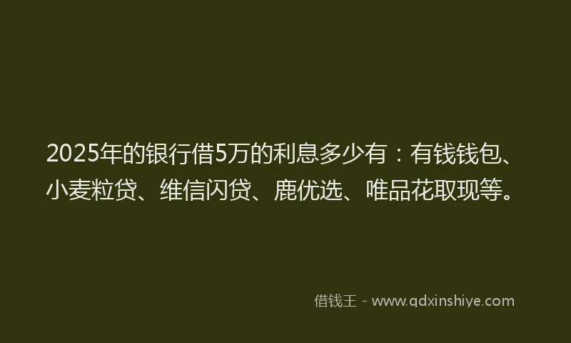 2025年的银行借5万的利息多少有：有钱钱包、小麦粒贷、维信闪贷、鹿优选、唯品花取现等。