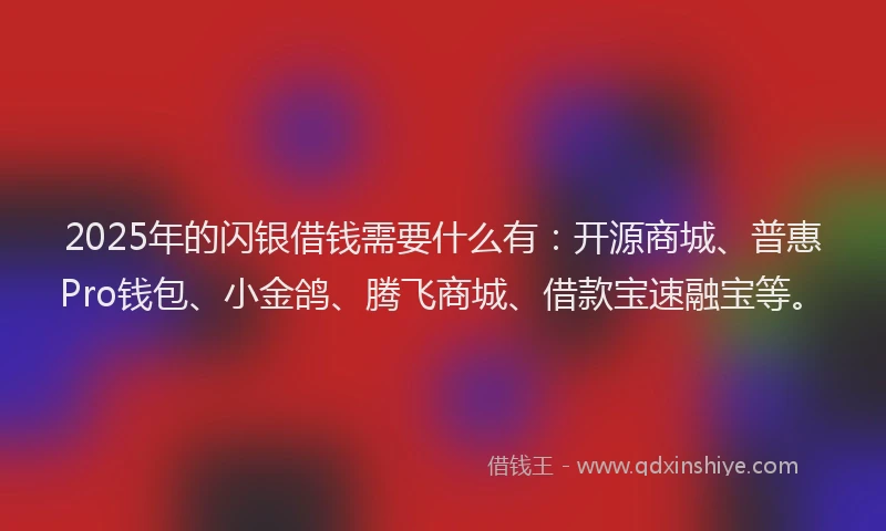 2025年的闪银借钱需要什么有：开源商城、普惠Pro钱包、小金鸽、腾飞商城、借款宝速融宝等。