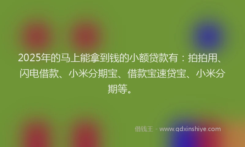 2025年的马上能拿到钱的小额贷款有：拍拍用、闪电借款、小米分期宝、借款宝速贷宝、小米分期等。