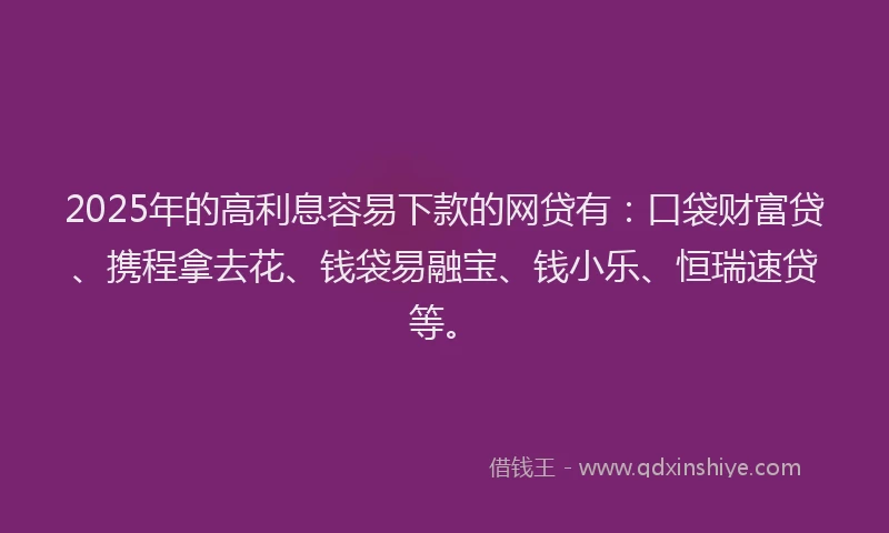 2025年的高利息容易下款的网贷有：口袋财富贷、携程拿去花、钱袋易融宝、钱小乐、恒瑞速贷等。