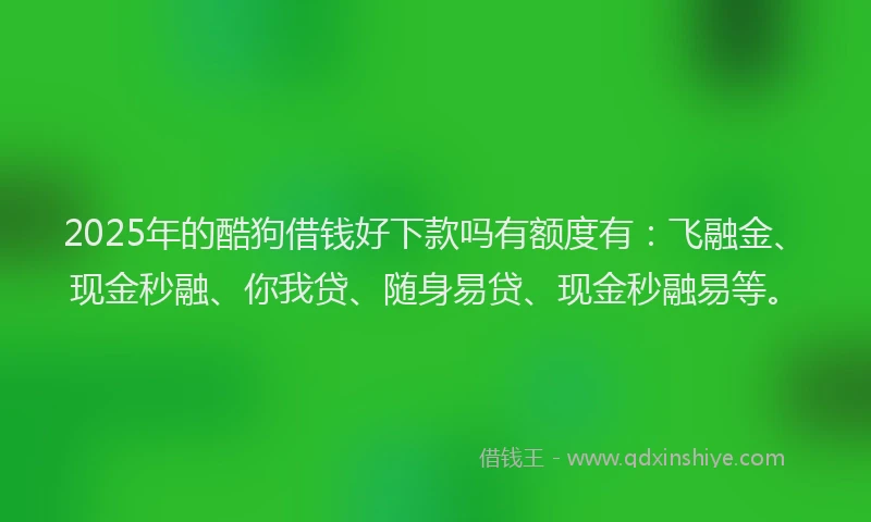 2025年的酷狗借钱好下款吗有额度有：飞融金、现金秒融、你我贷、随身易贷、现金秒融易等。