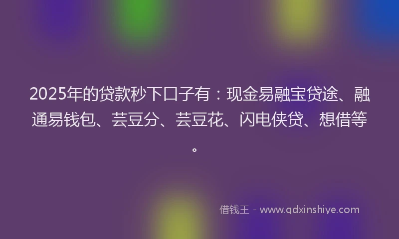 2025年的贷款秒下口子有：现金易融宝贷途、融通易钱包、芸豆分、芸豆花、闪电侠贷、想借等。