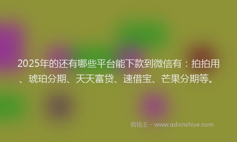 2025年的还有哪些平台能下款到微信有：拍拍用、琥珀分期、天天富贷、速借宝、芒果分期等。