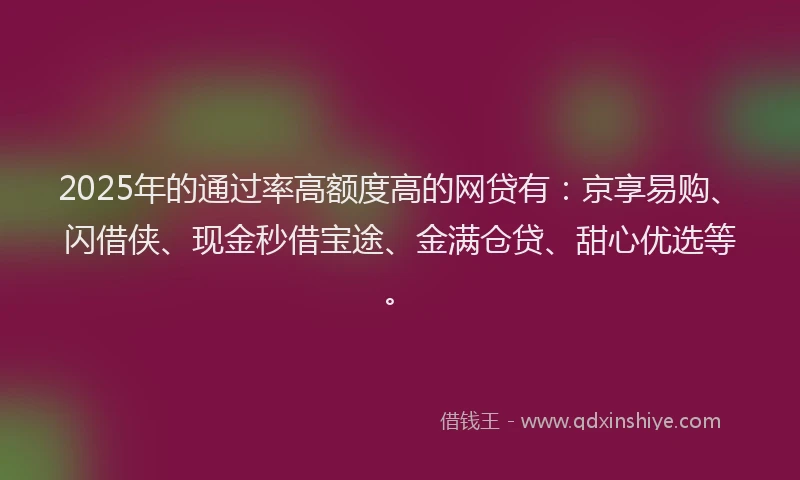 2025年的通过率高额度高的网贷有：京享易购、闪借侠、现金秒借宝途、金满仓贷、甜心优选等。