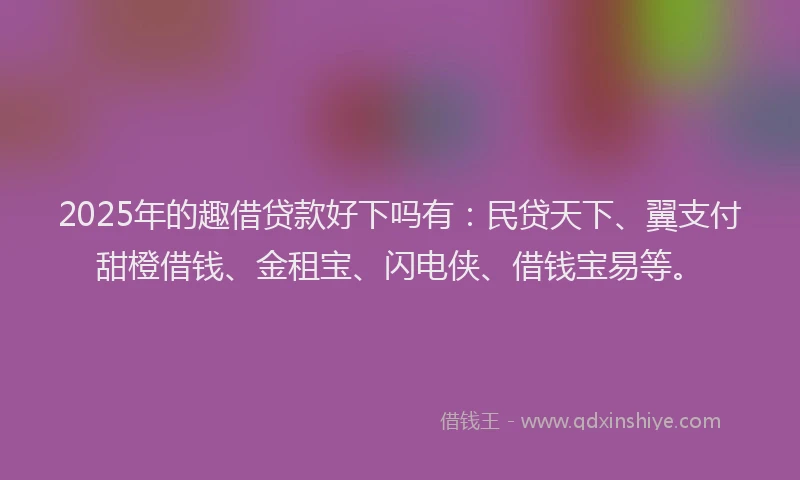 2025年的趣借贷款好下吗有：民贷天下、翼支付甜橙借钱、金租宝、闪电侠、借钱宝易等。