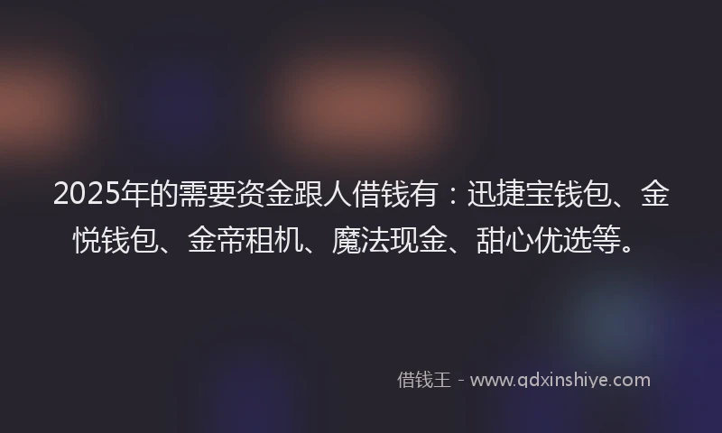 2025年的需要资金跟人借钱有：迅捷宝钱包、金悦钱包、金帝租机、魔法现金、甜心优选等。