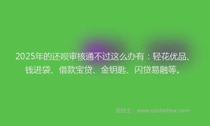 2025年的还呗审核通不过这么办有：轻花优品、钱进袋、借款宝贷、金钥匙、闪贷易融等。