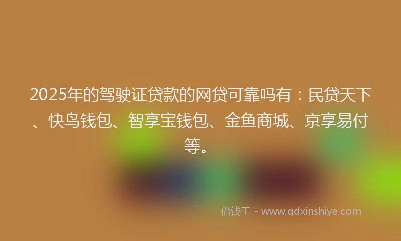 2025年的驾驶证贷款的网贷可靠吗有：民贷天下、快鸟钱包、智享宝钱包、金鱼商城、京享易付等。