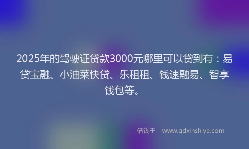 2025年的驾驶证贷款3000元哪里可以贷到有：易贷宝融、小油菜快贷、乐租租、钱速融易、智享钱包等。