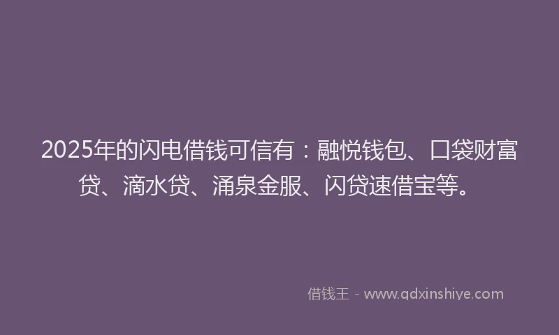 2025年的闪电借钱可信有：融悦钱包、口袋财富贷、滴水贷、涌泉金服、闪贷速借宝等。
