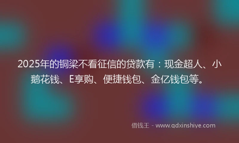 2025年的铜梁不看征信的贷款有：现金超人、小鹅花钱、E享购、便捷钱包、金亿钱包等。