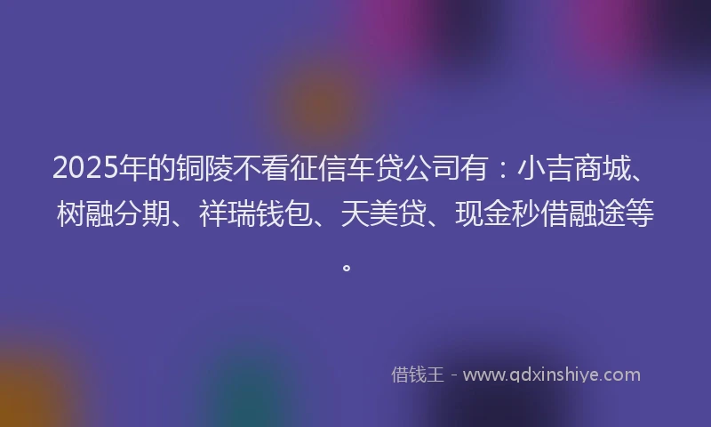 2025年的铜陵不看征信车贷公司有：小吉商城、树融分期、祥瑞钱包、天美贷、现金秒借融途等。