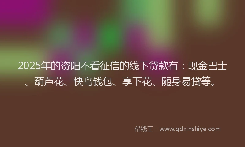 2025年的资阳不看征信的线下贷款有：现金巴士、葫芦花、快鸟钱包、享下花、随身易贷等。