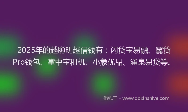 2025年的越聪明越借钱有：闪贷宝易融、翼贷Pro钱包、掌中宝租机、小象优品、涌泉易贷等。