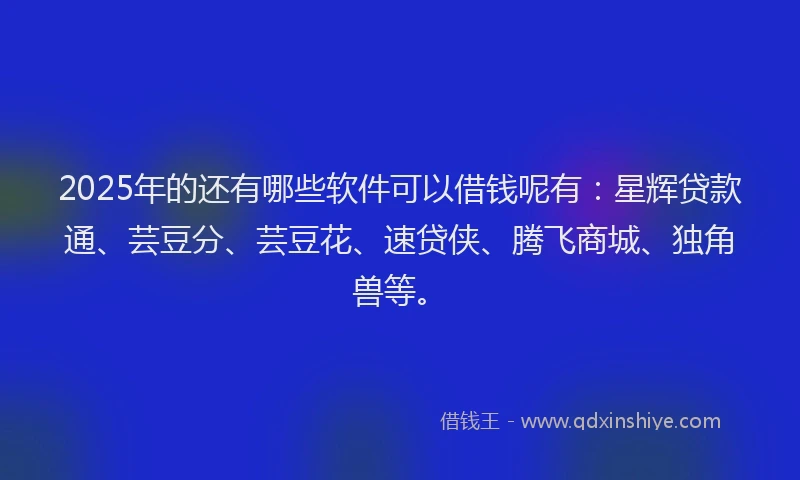 2025年的还有哪些软件可以借钱呢有：星辉贷款通、芸豆分、芸豆花、速贷侠、腾飞商城、独角兽等。