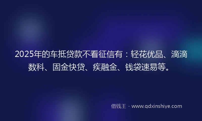 2025年的车抵贷款不看征信有：轻花优品、滴滴数科、固金快贷、疾融金、钱袋速易等。