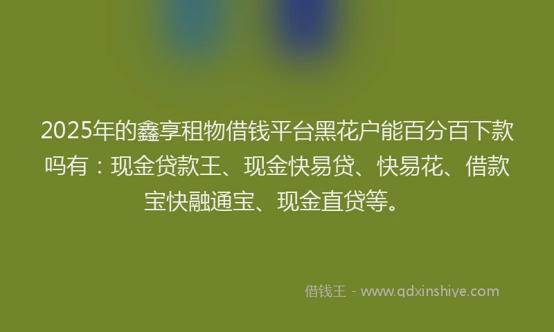 2025年的鑫享租物借钱平台黑花户能百分百下款吗有：现金贷款王、现金快易贷、快易花、借款宝快融通宝、现金直贷等。