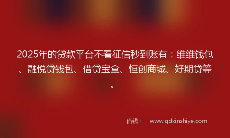 2025年的贷款平台不看征信秒到账有：维维钱包、融悦贷钱包、借贷宝盒、恒创商城、好期贷等。