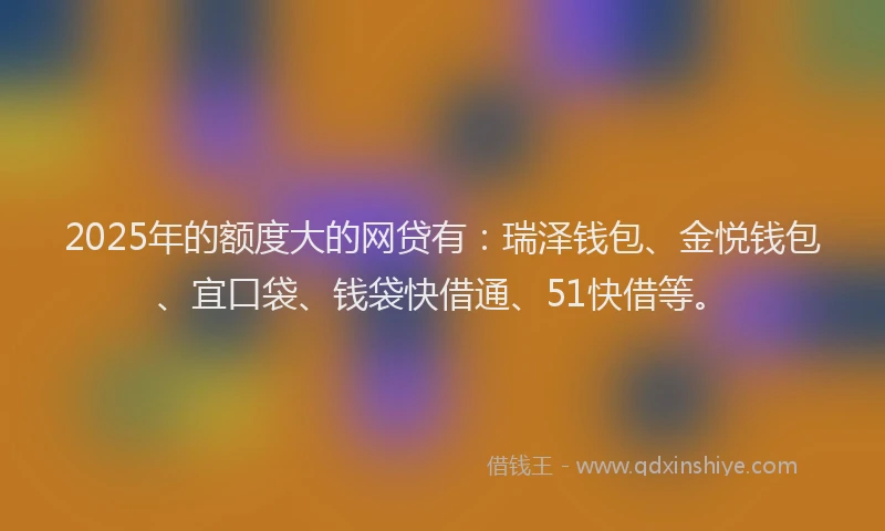 2025年的额度大的网贷有：瑞泽钱包、金悦钱包、宜口袋、钱袋快借通、51快借等。
