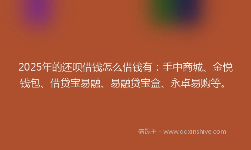 2025年的还呗借钱怎么借钱有：手中商城、金悦钱包、借贷宝易融、易融贷宝盒、永卓易购等。